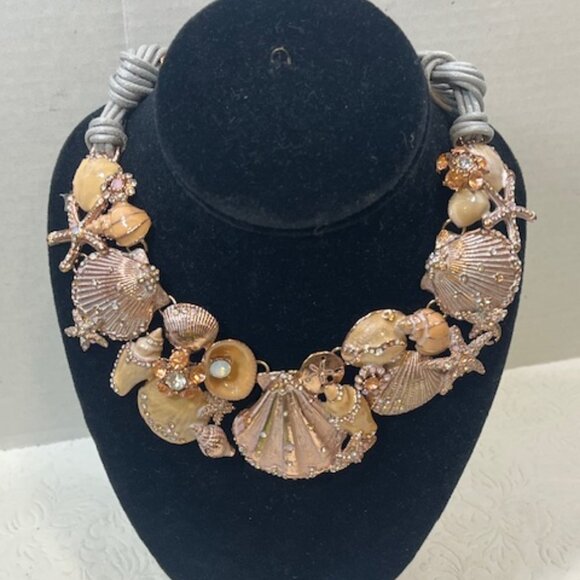Beach Rose Gold Tone Ocean Shells Starfish Rhinestones Necklace Choker 18" - Picture 1 of 15